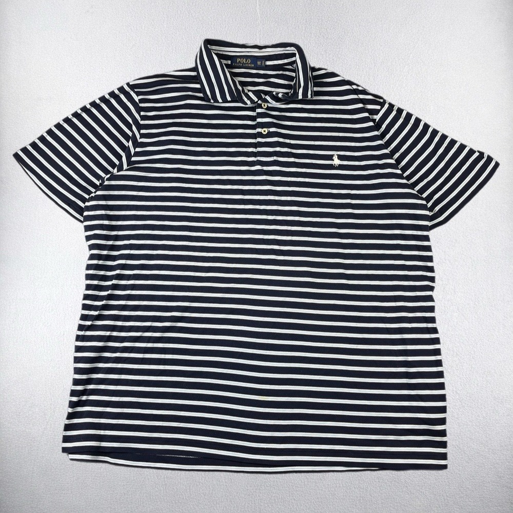 Polo Ralph Lauren Polo Shirt Mens 2XLT Navy Blue Striped Short Sleeve Pony Logo